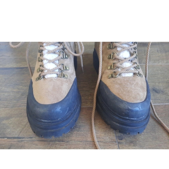 American Eagle High Top Lace Up Boots Women’s Shoes Size 7.5 Tan Black Fur Trim - Picture 5 of 12